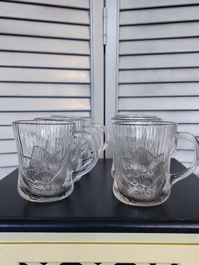 6 Pc Arcoroc France Canterbury Clear Glass Mugs Cups Retro Crocus Coffee Tea